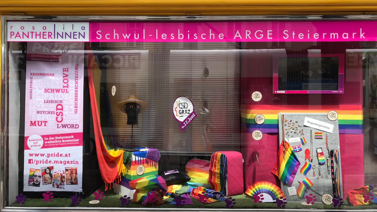 Das Schaufenster des Büros der RosaLila PantherInnen ist in Regenbogenfarben geschmückt