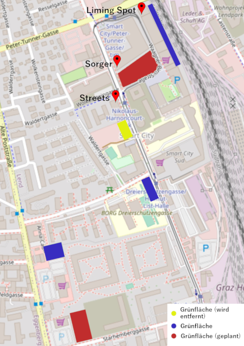 Eine Karte der Smart City wo die aktuellen und zukünftigen Grünflächen farblich markiert sind