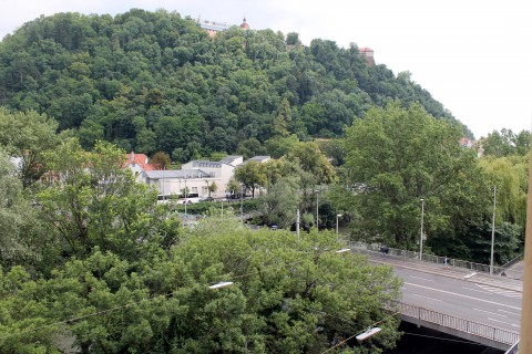 Biancas Blick aus dem Fenster - besonders praktisch: an Silvester kann siesich  das Feuerwerk über dem Schlossberg gemütlich vom Wohnzimmer aus anschauen.