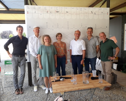 v.l.n.r..: Fabian Wallmüller (Stoiser-Wallmüller Architekten, Kai Vöckler (HfG Offenbach), Aglaée Degros (TU Graz), Judith Schwentner (Die Grünen), Martin Fellendorf (TU Graz), Manfred Eber (KPÖ), Georg Topf (ÖVP)