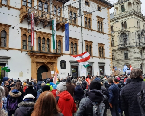 Demonstranten vor dem Rathaus in der Herrengasse - Foto: Victoria Frühwirt