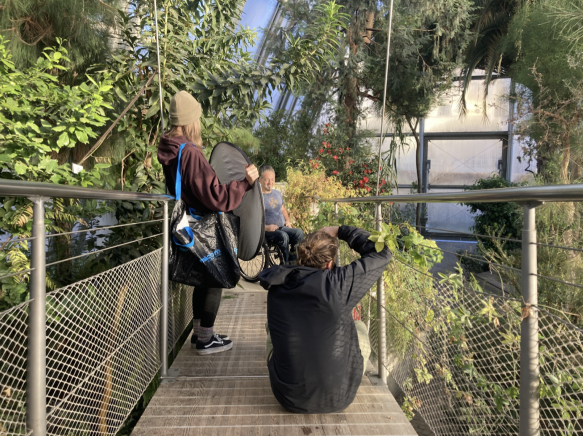 Ein Mann im Rollstuhl, der von einem Fotografen im botanischen Garten abgelichtet wird.