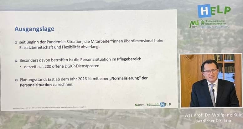 Der ärztliche Direktor präsentiert Fakten zum Pflegenotstand am LKH Graz.