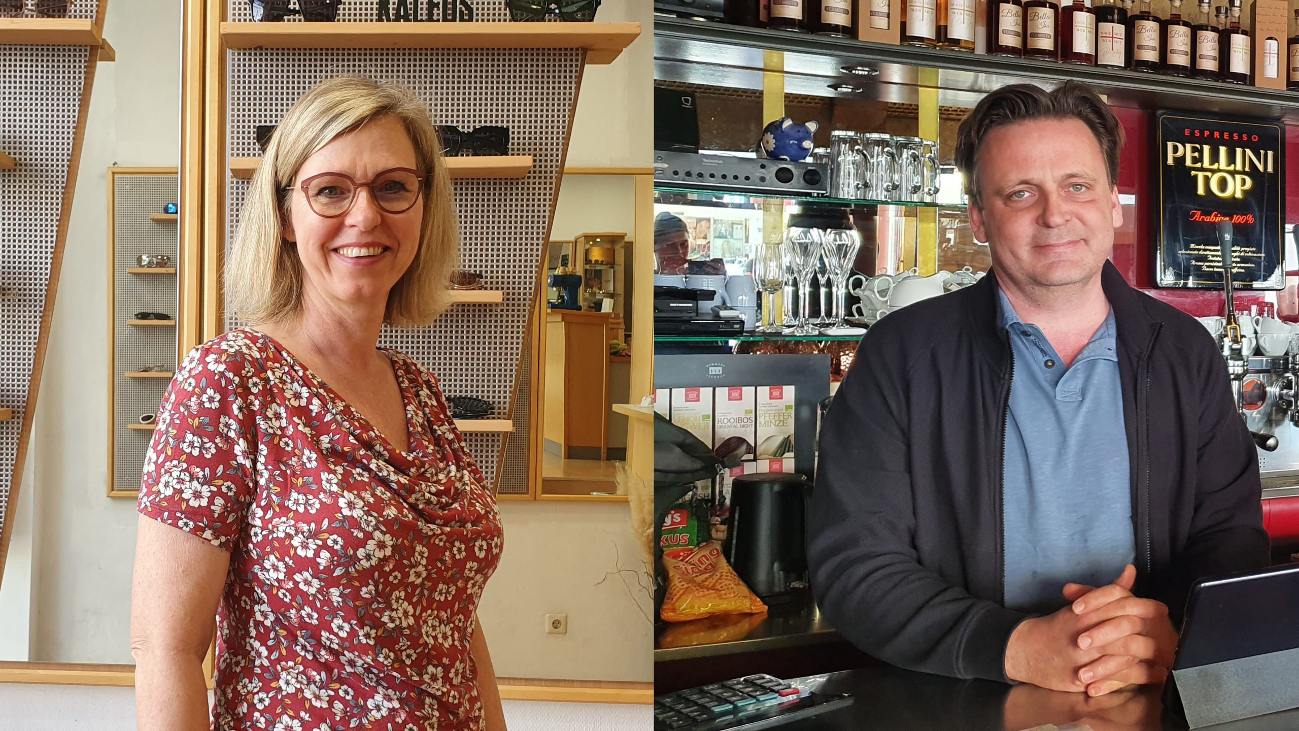 Das Bild besteht aus zwei Teilen. Links ist Birgit Otter-Wagner im Geschäft "Der Augenoptiker" zu sehen, rechts Christian Dobnik hinter seiner Bar.