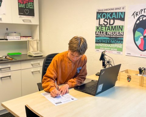 Magdalena Eberhardt sitzt im Büro der Substanztestung und bearbeitet einen Fragebogen.