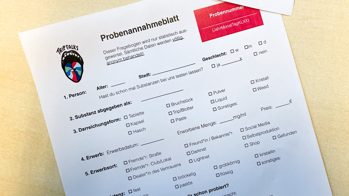 Probeannahmeblatt für die Substanztestung. Angegebene Daten fließen in den Jahresbericht ein.