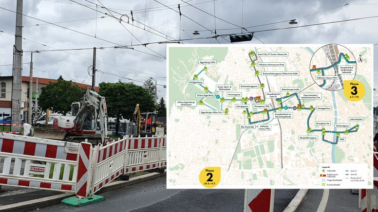 Das Hintergrundbild zeigt die Baustelle an der Remise drei. Davor liegt der Plan für die Ersatzbuss ab 24. Mai. Dieser Plan ist in der Bildbeschreibung verlinkt.