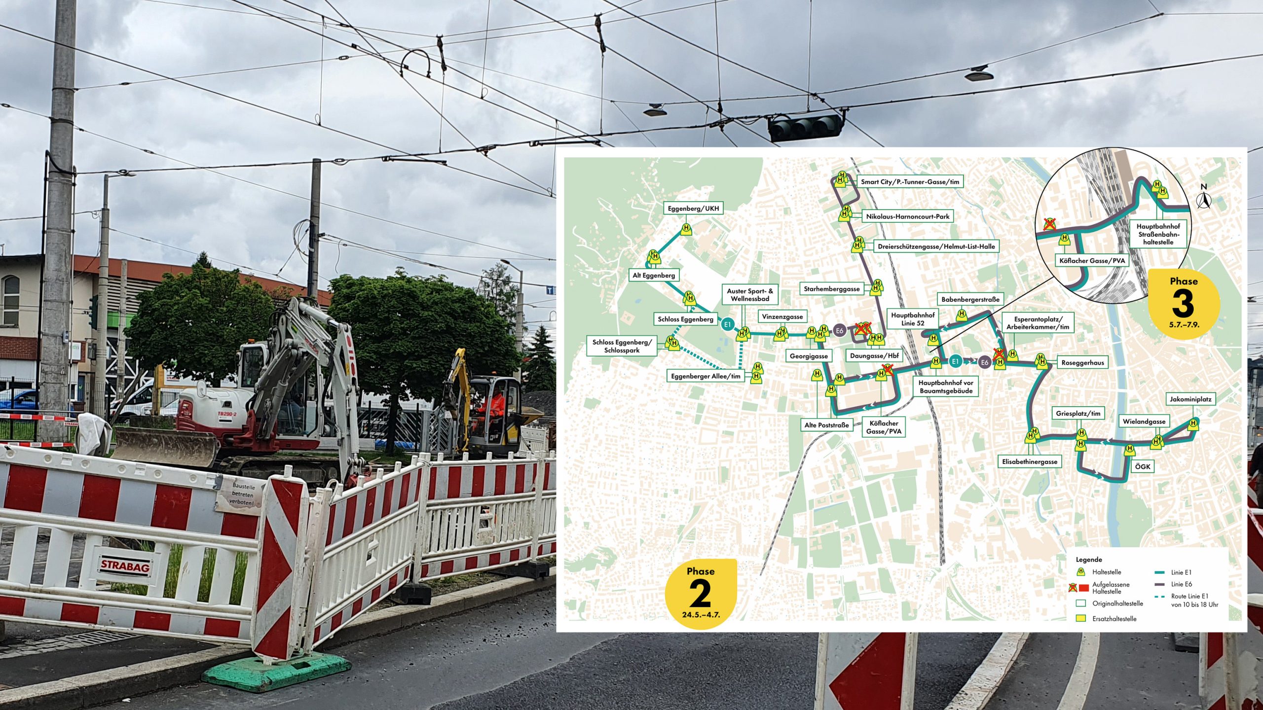 Das Hintergrundbild zeigt die Baustelle an der Remise drei. Davor liegt der Plan für die Ersatzbuss ab 24. Mai. Dieser Plan ist in der Bildbeschreibung verlinkt.