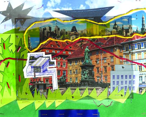Kunstwerk: Wem gehört die Stadt? zeigt eine Collage des grazer Hauplpatzes von Künstler: Anton Tkachenko