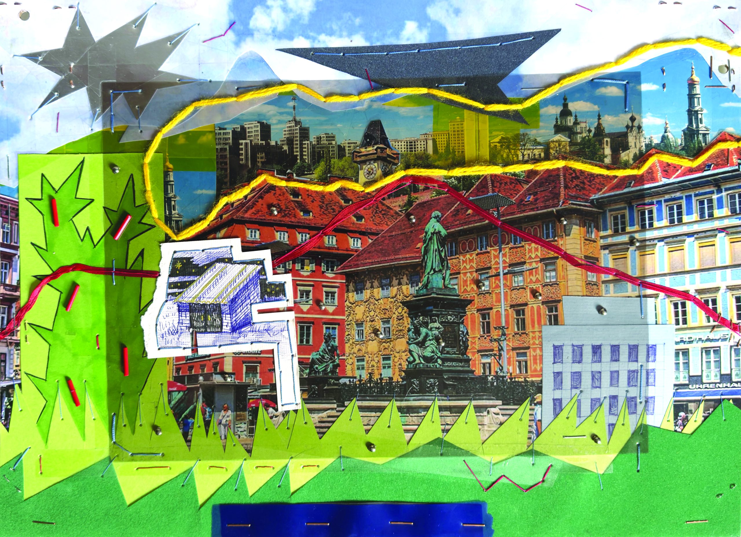 Kunstwerk: Wem gehört die Stadt? zeigt eine Collage des grazer Hauplpatzes von Künstler: Anton Tkachenko
