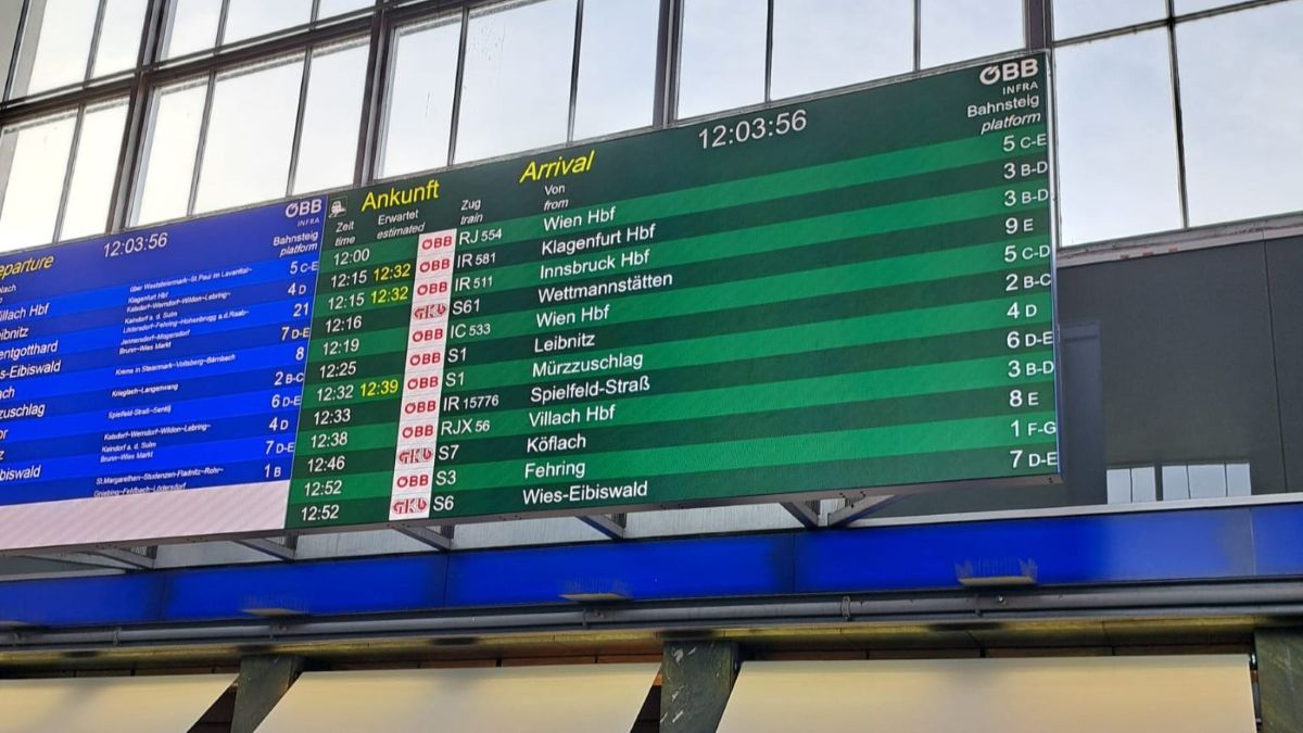 Die Anzeigetafel am Hauptbahnhof zeigt eine klare Verspätung des IR 581 nach Klagenfurt.