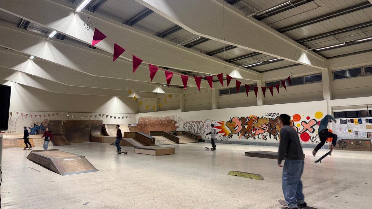 Skater und Skaterinnen fahren auf dem Skateboard in der Skatehalle. Rote und goldene Girlanden sind aufgehängt. Mehrere Hindernisse stehen im Raum. Die Wände sind mit buntem Graffiti dekoriert. Ansonsten ist die Halle weiß.